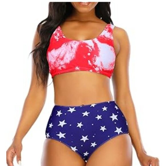 Adisputent Womens Med 2 Piece Bathing Suit High Waisted Bikini Patriotic Beach - Picture 3 of 8